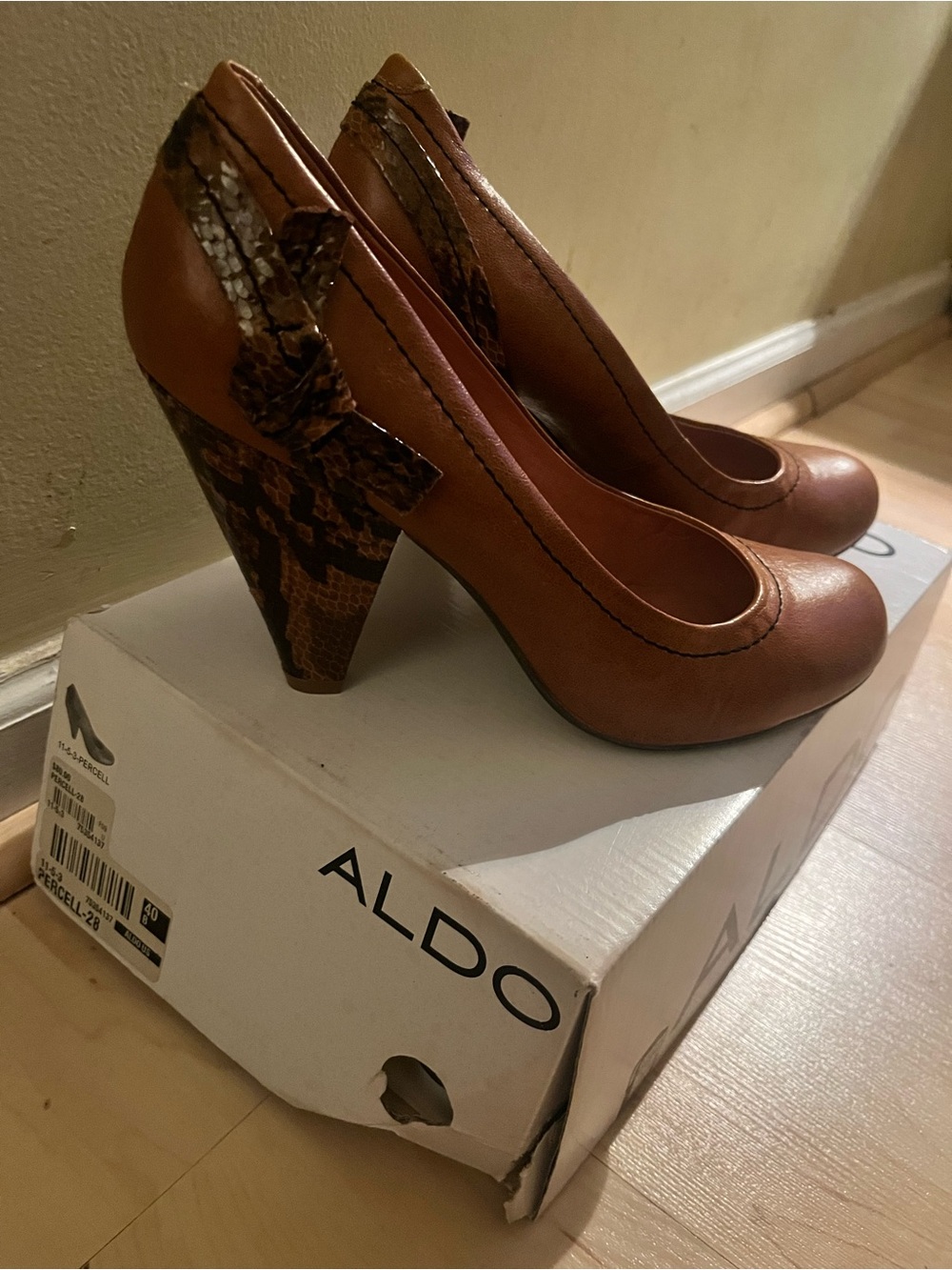 ALDO Brown Leather Pumps with Snake-Print Cone Heel